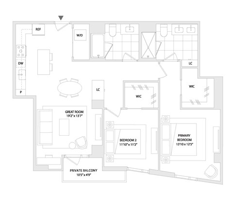 Floor plan for 2 beds, 2 baths, 1098 sqft